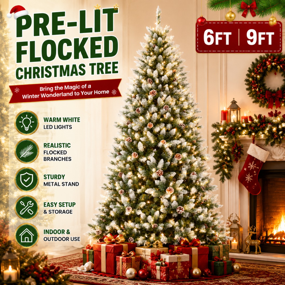 Outdoor Lighting Tree - Pre-Lit Flocked Artificial Christmas Tree 6‘/9’